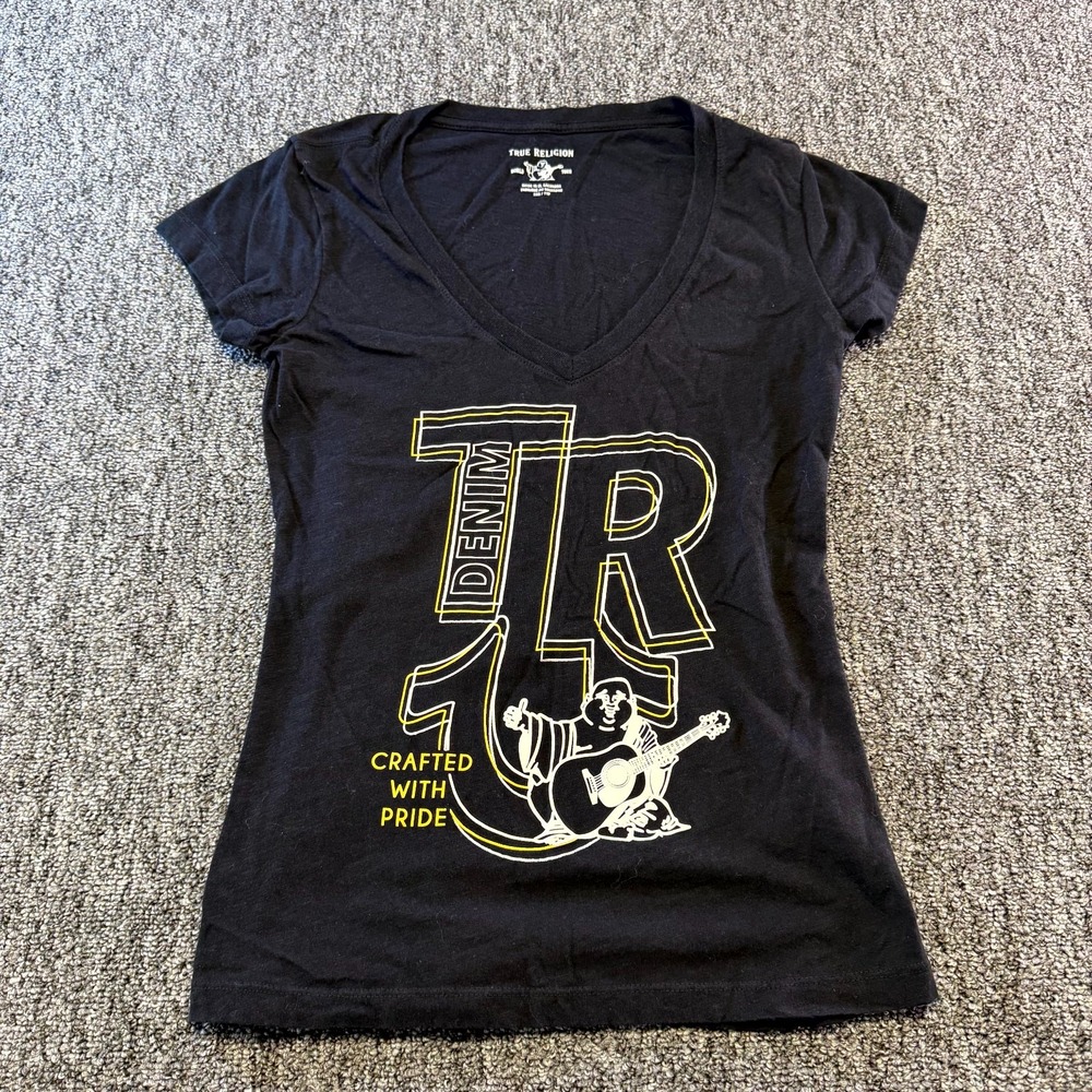True Religion T Shirt Womens 2XS Black Graphic Print V Neck Short Sleeve Summer